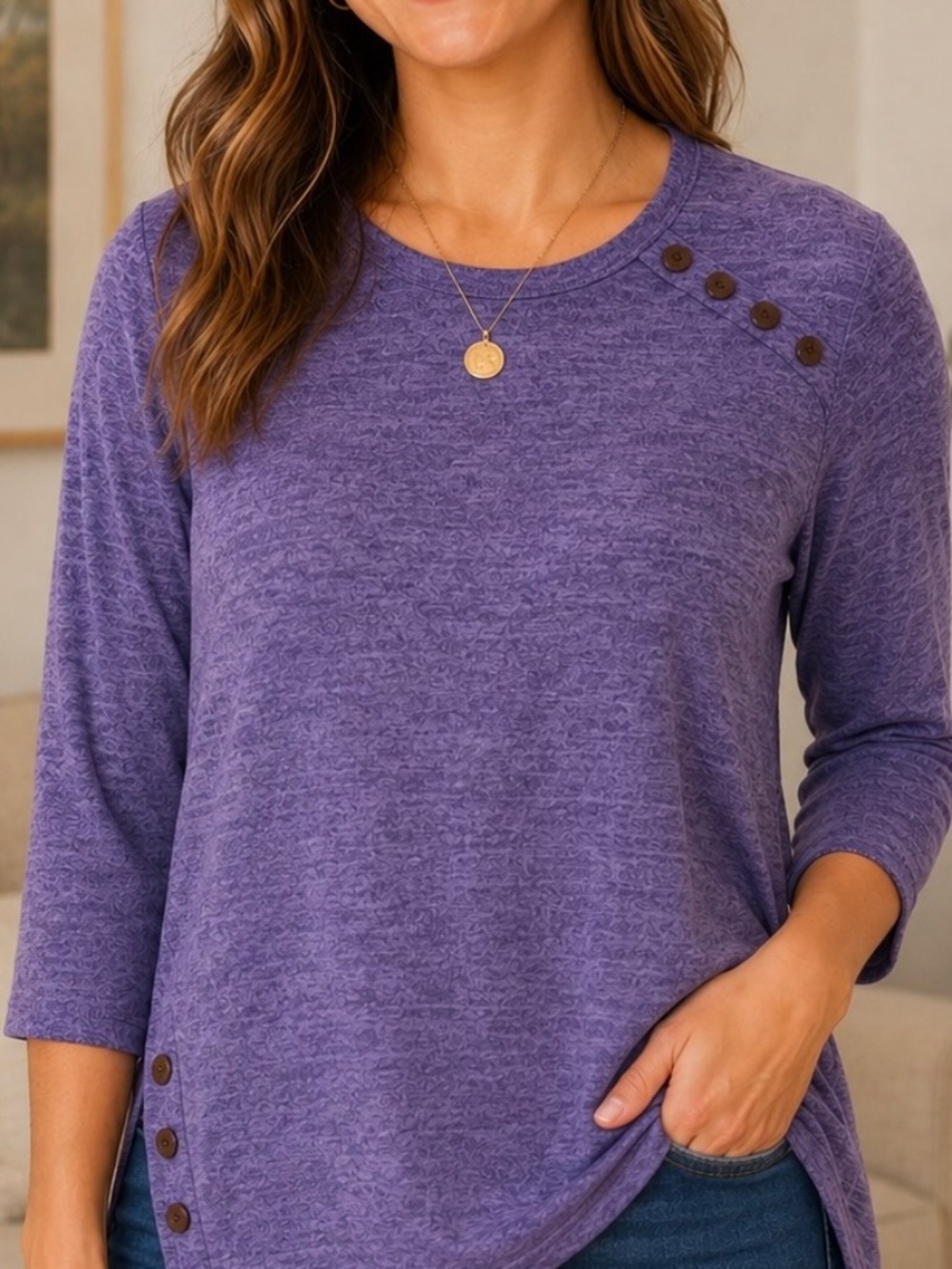 Southern Lady Petite Heather Purple Button Shoulder 3/4 Sleeve Blouse Size PM